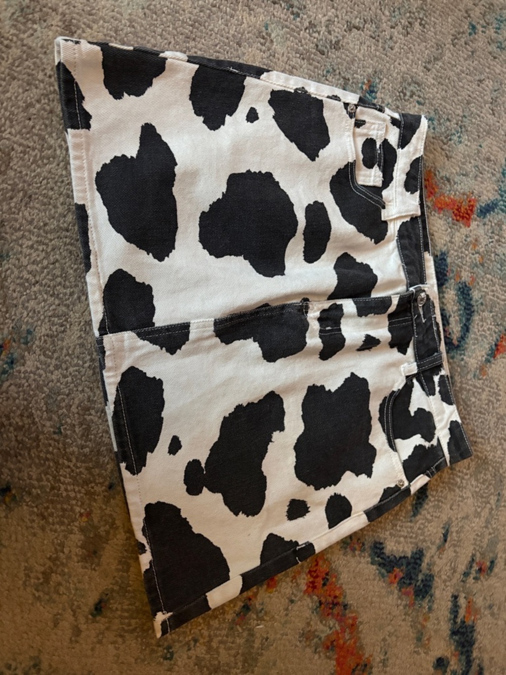 SHEIN Black & White Cow Print Denim Mini Skirt